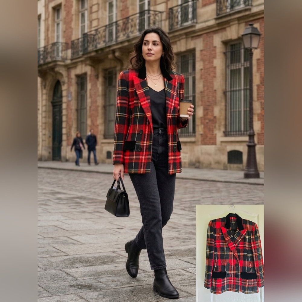 ❤️EUC Tahari Arthur Levine Luxe Wool Multicolor Plaid Blazer, Size PM